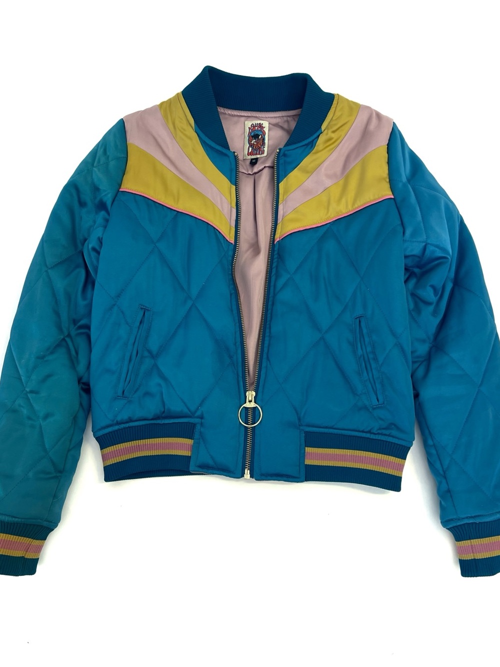 Teal Satin Quilted Bomber Jacket Hippie Boho